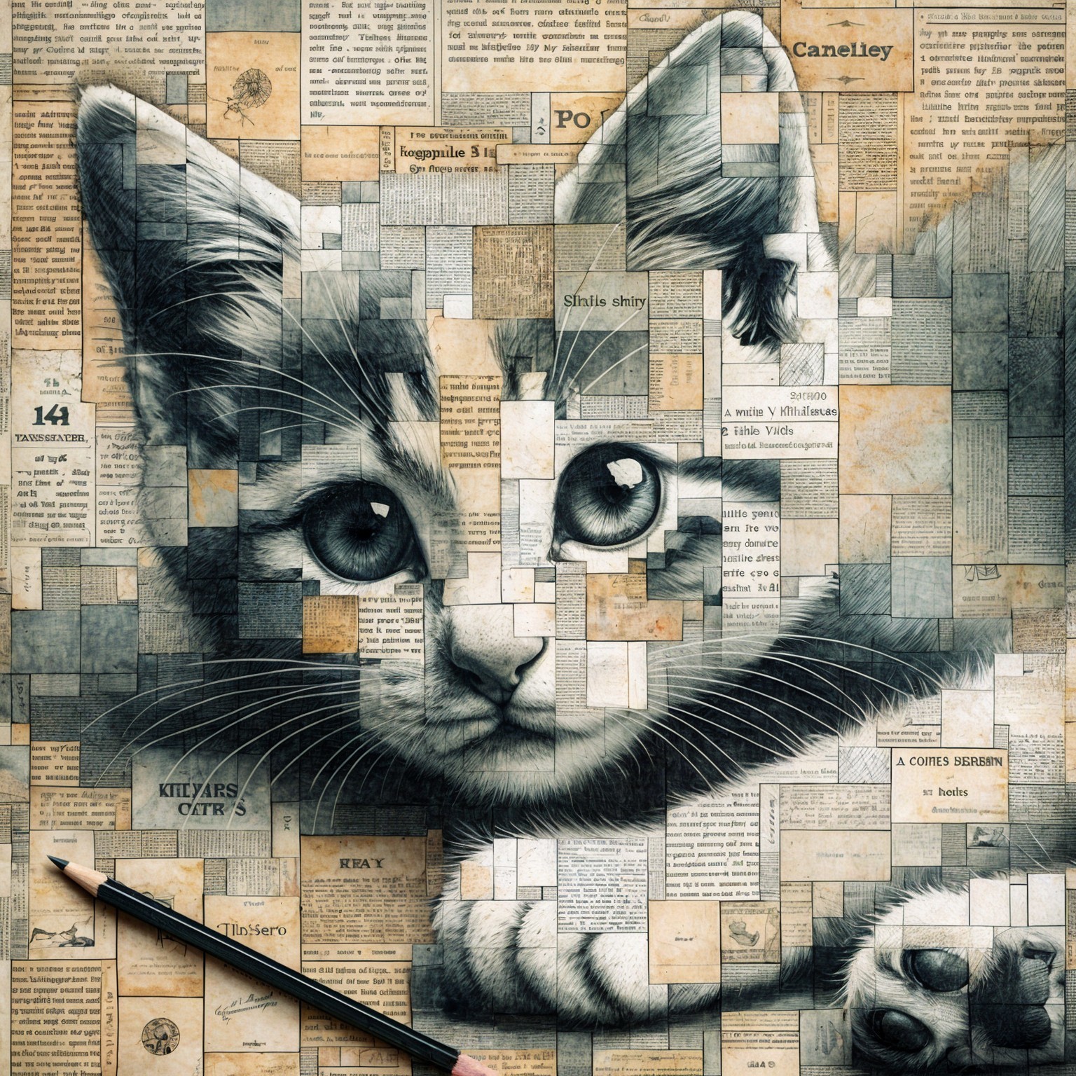 Collage Portrait of a Cat with Vintage Papers
