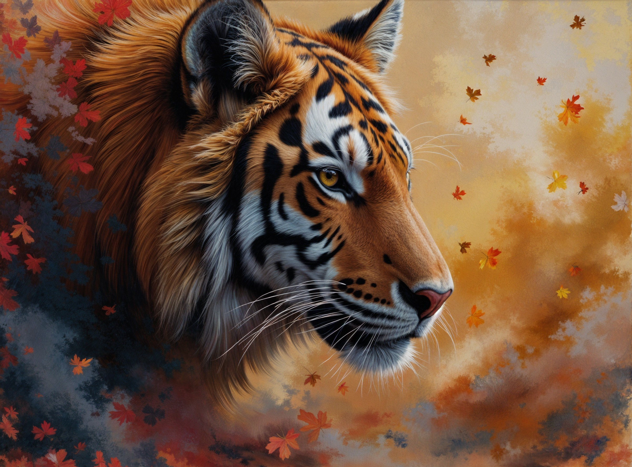 Majestic Tiger Head with Autumn Leaves Background