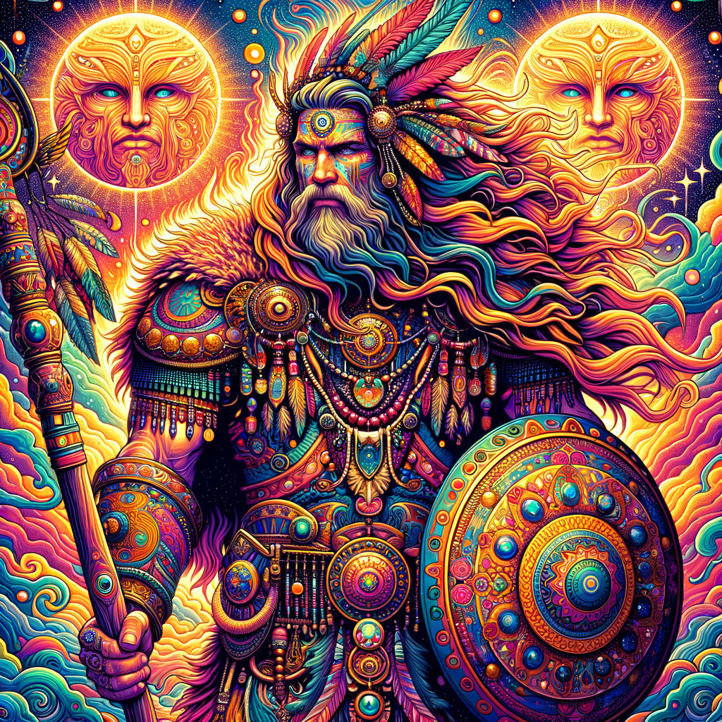 Vibrant Mystical Warrior with Cosmic Backdrop