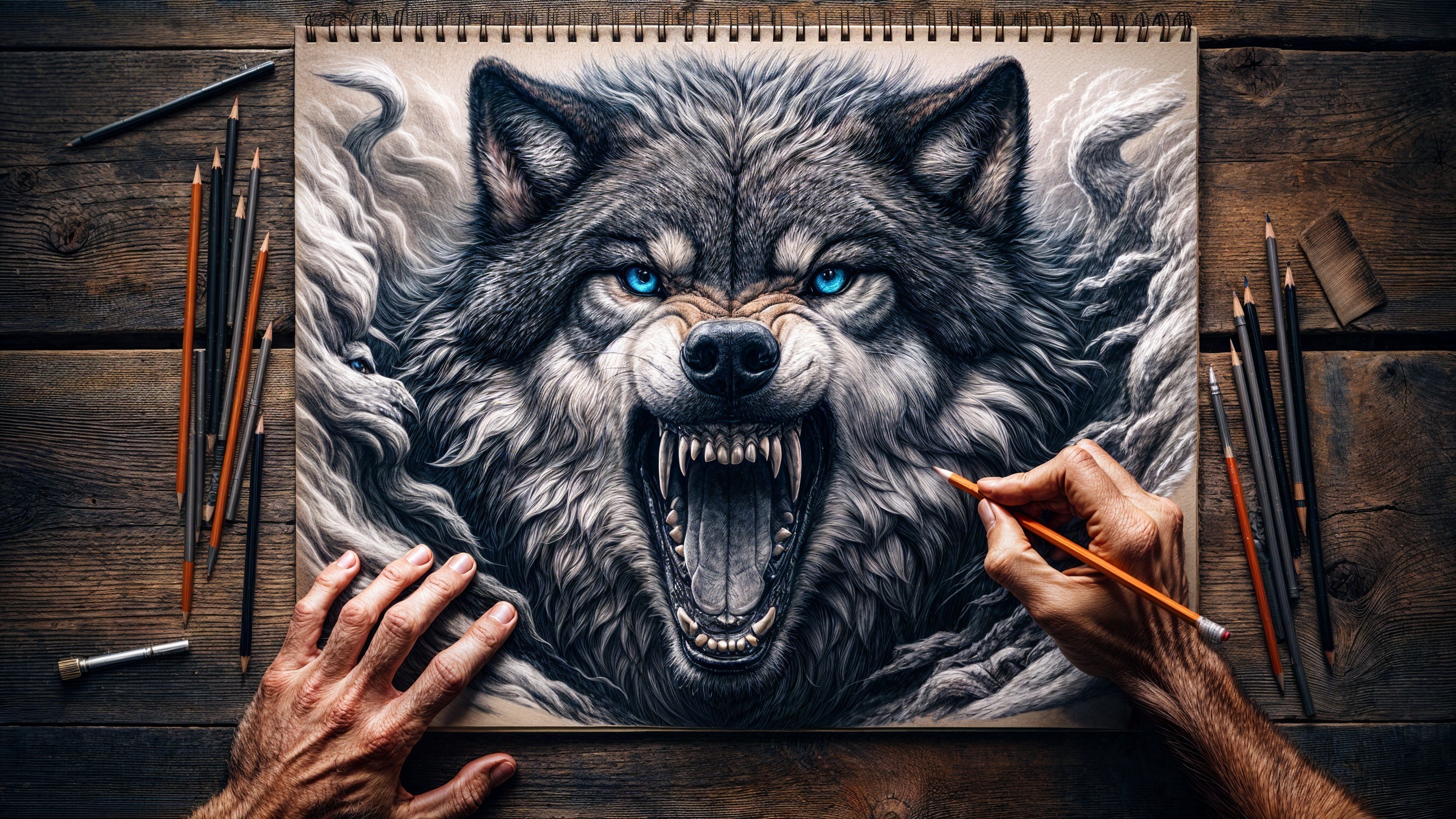 Detailed Drawing of a Fierce Wolf with Blue Eyes