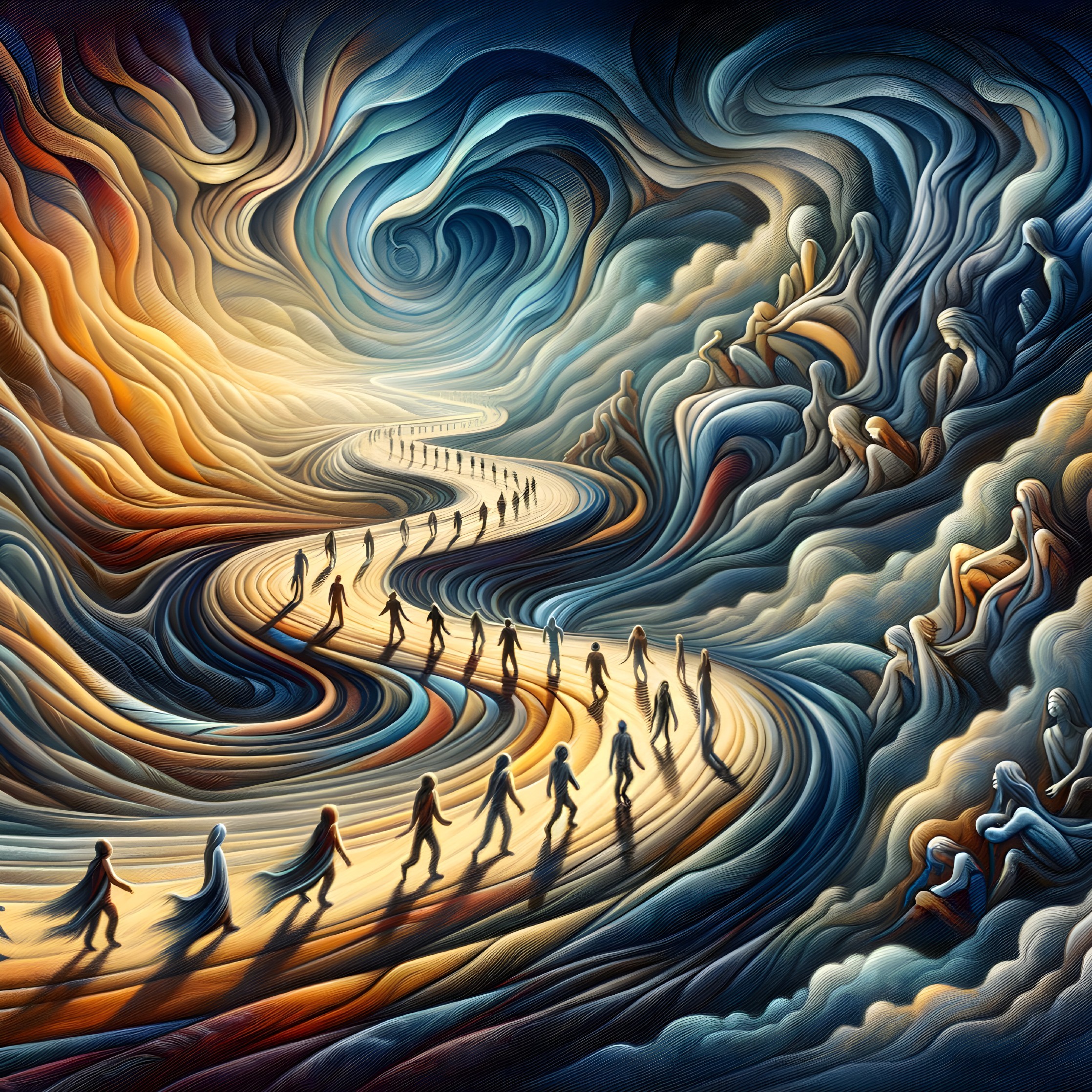 Surrealist painting with figures on undulating paths in swirling landscape