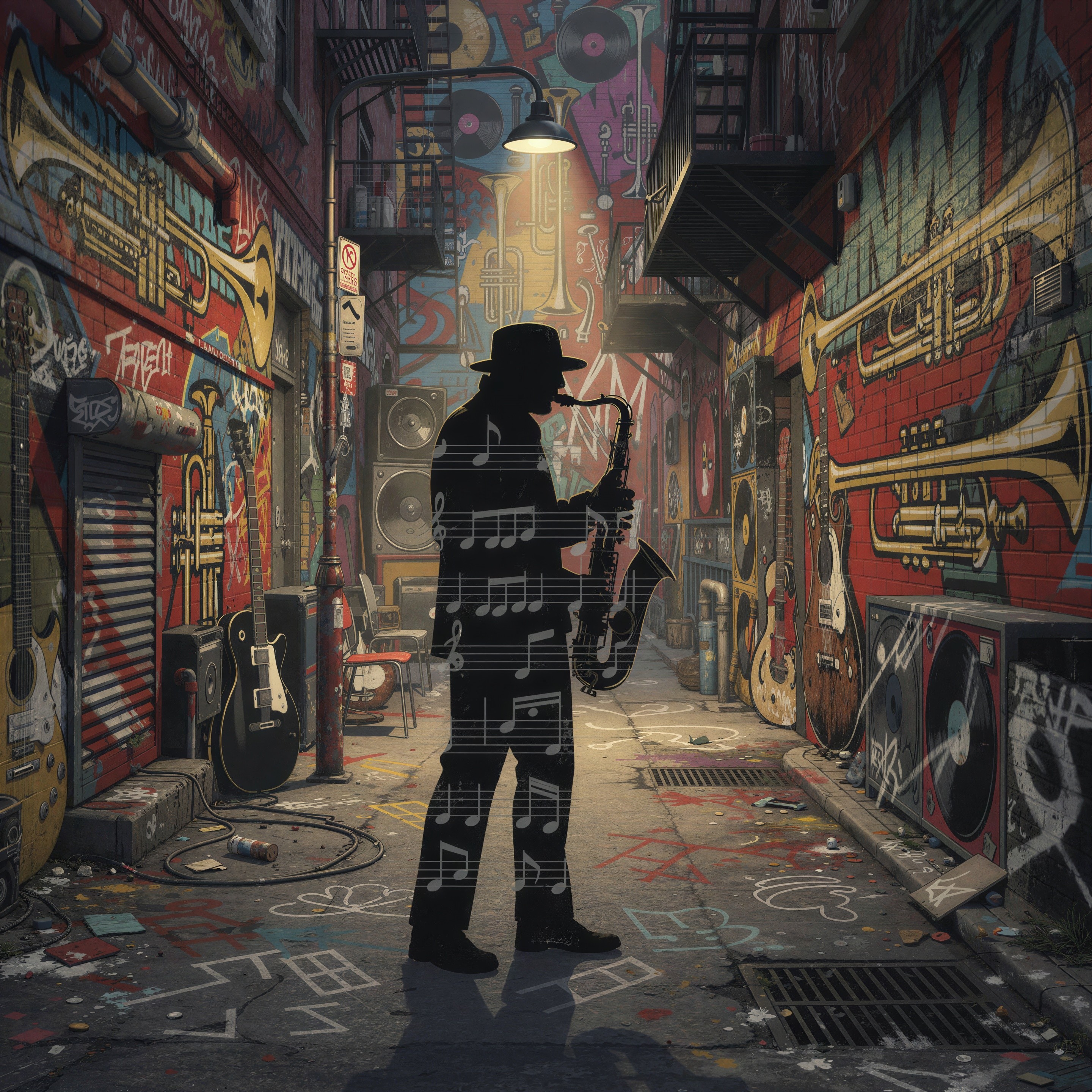 Vibrant Jazz Alley with Street Art and Musical Elements