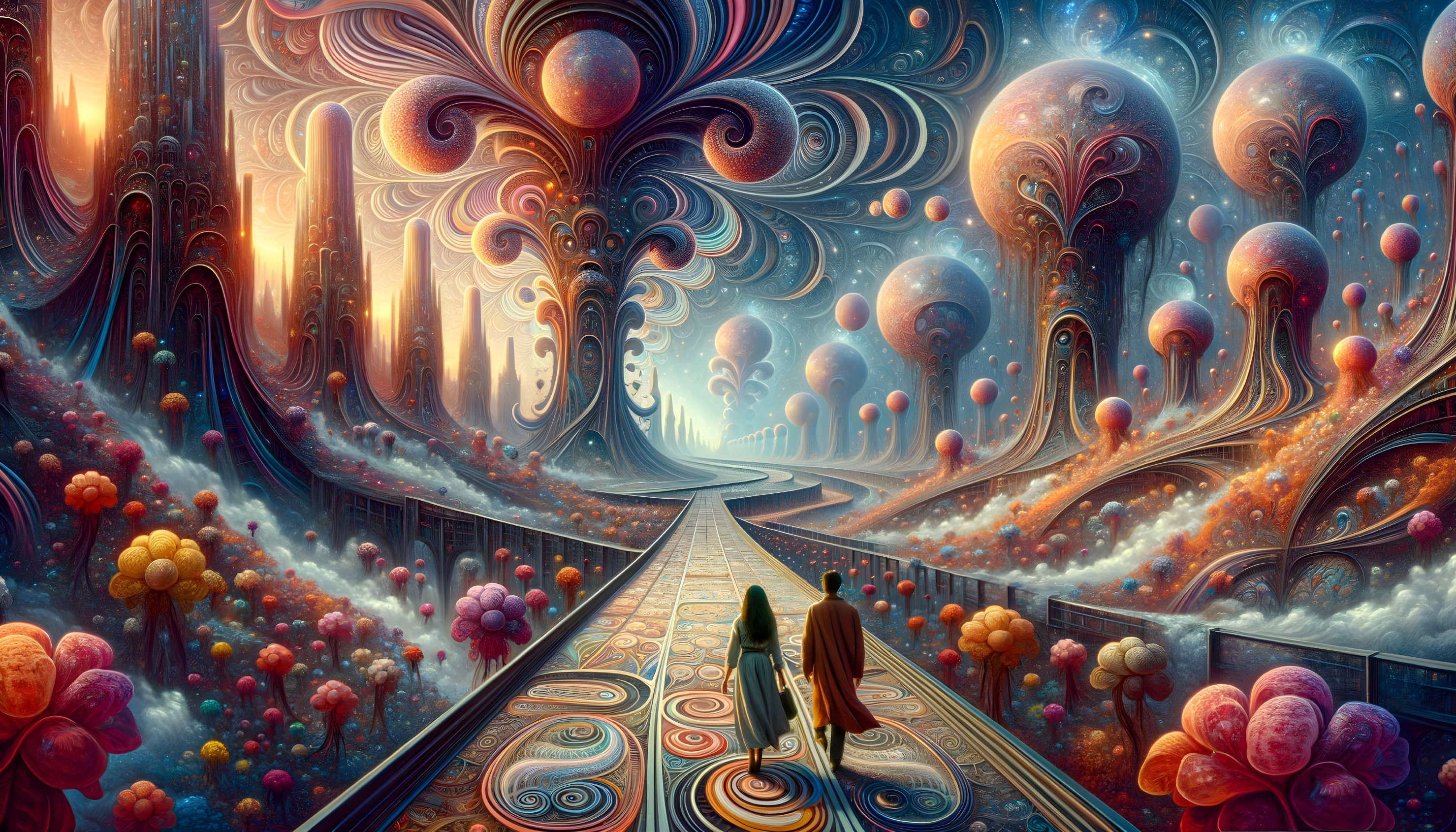 Fantastical landscape with swirling skies and vibrant colors featuring two figures walking on a patterned path.