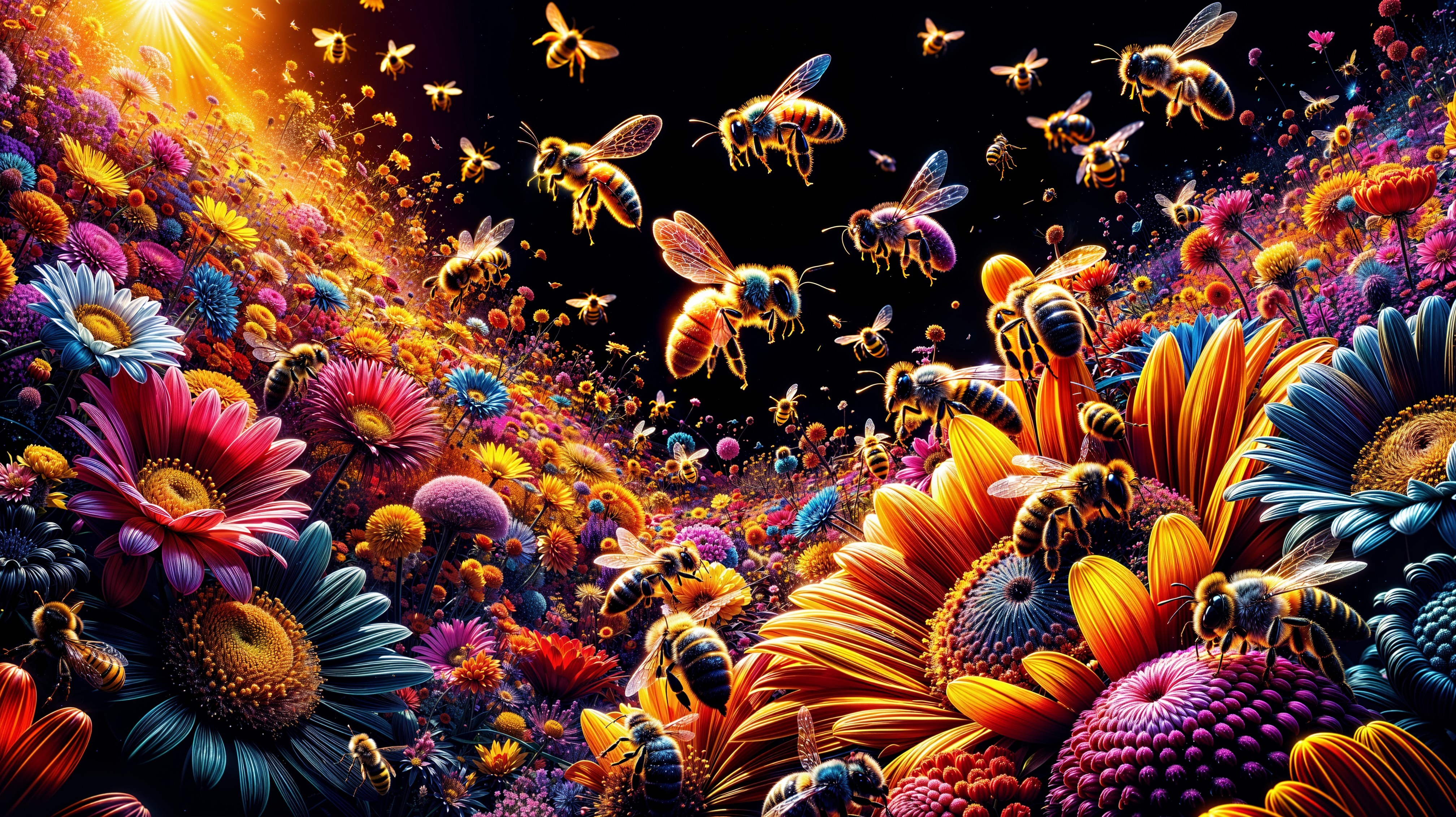 Vibrant Surreal Landscape with Colorful Flowers and Bees