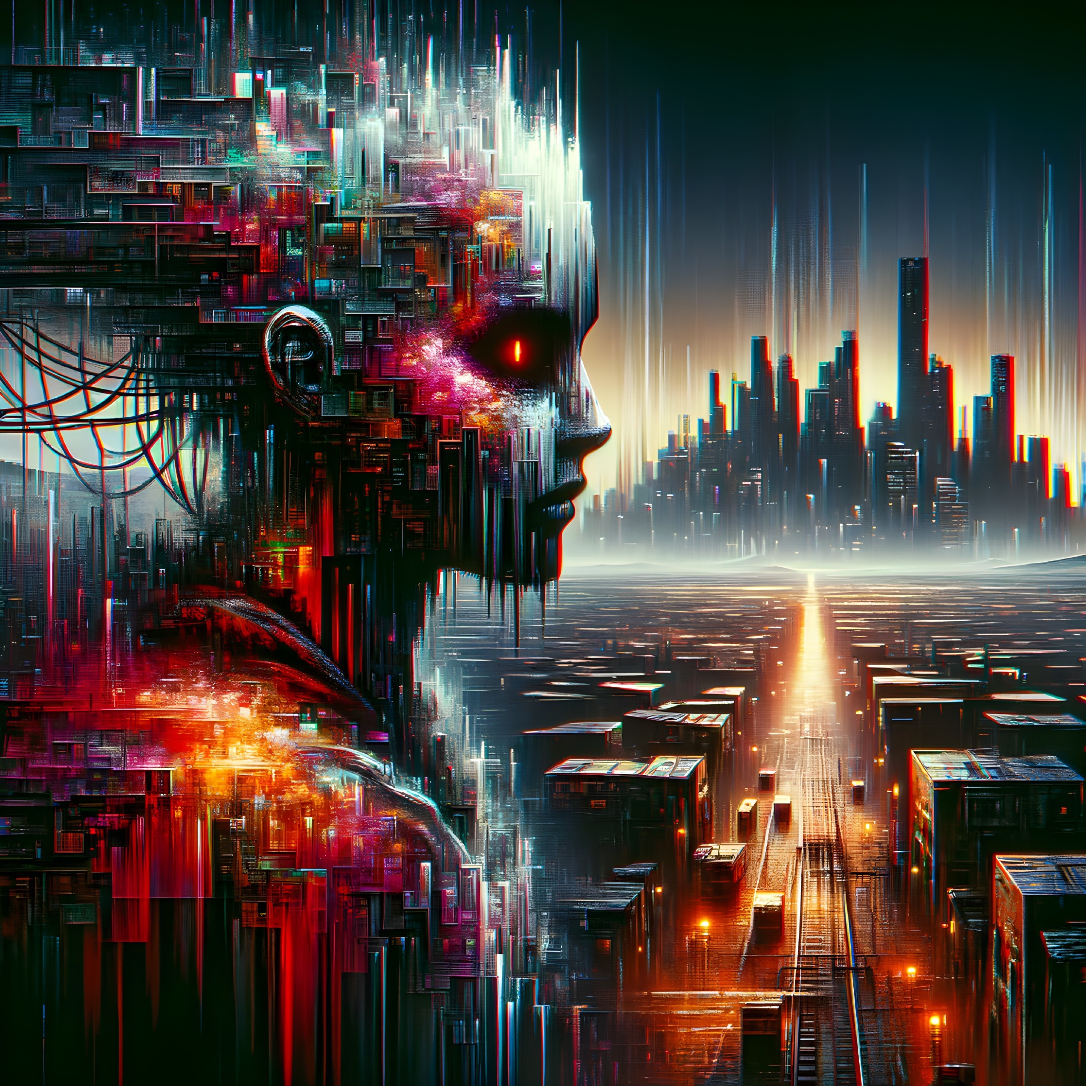 Futuristic cityscape with neon lights and digital figure