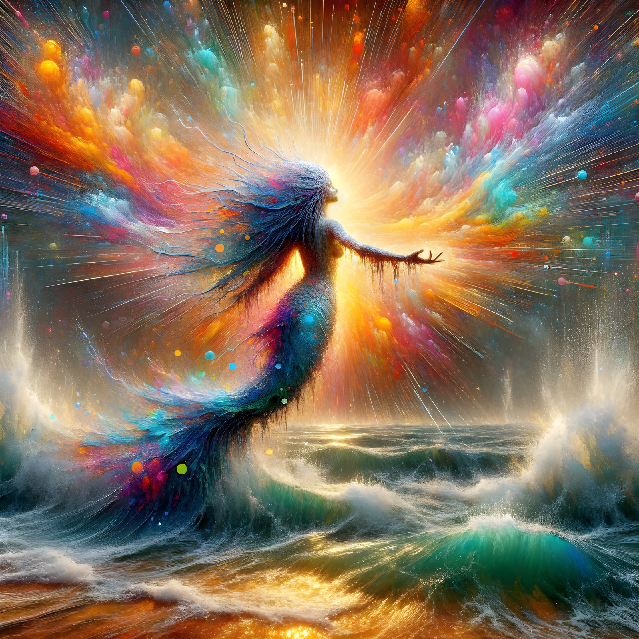 Mystical Figure Emerges from Ocean with Cosmic Colors