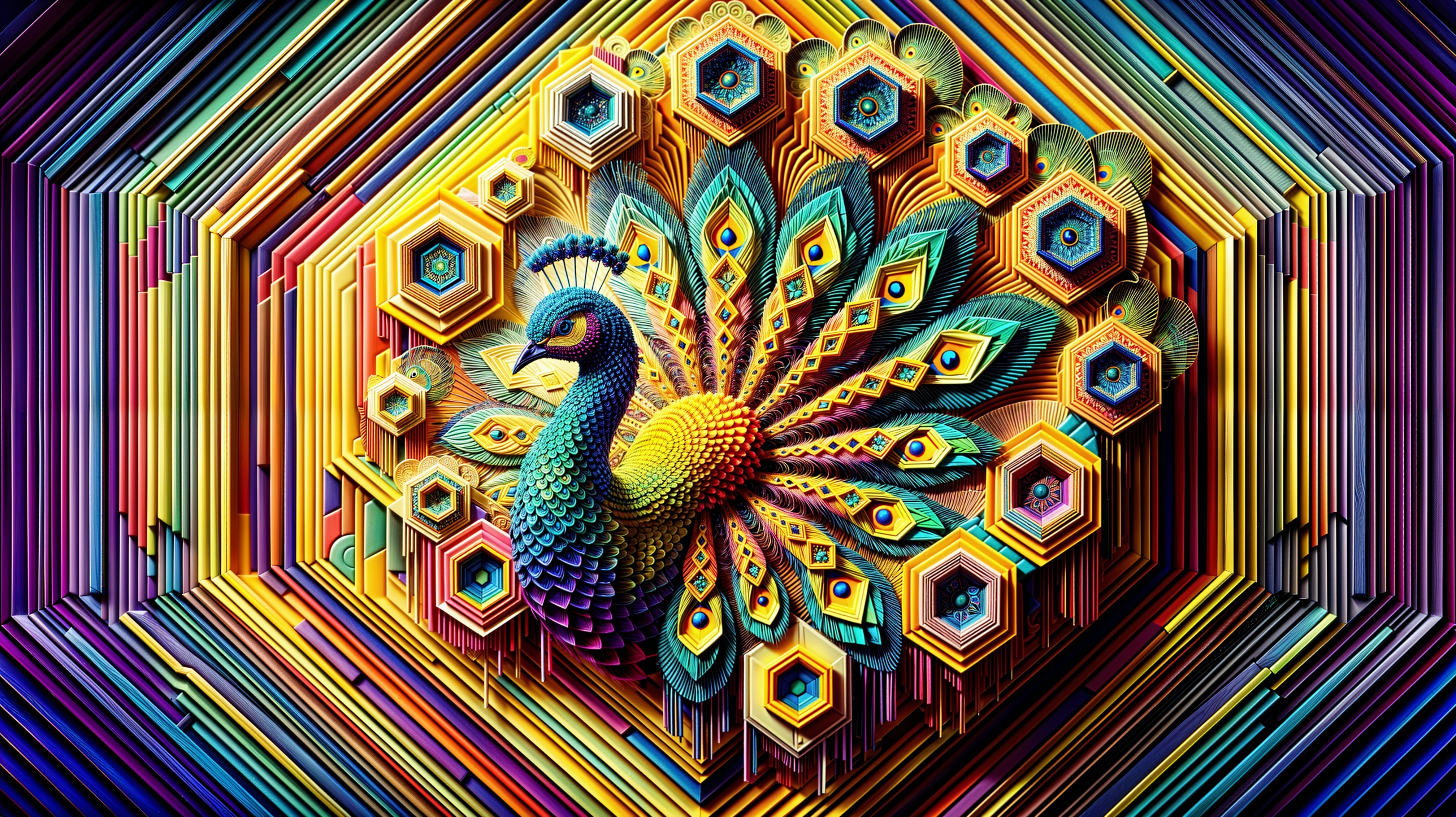 Abstract Peacock with Detailed Feather Display and Colors