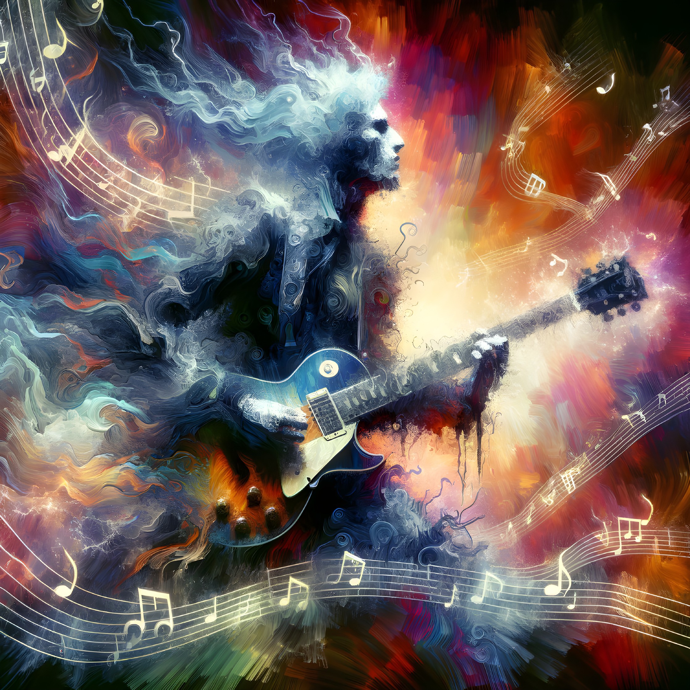 Abstract Art of Guitar with Colors and Musical Notes