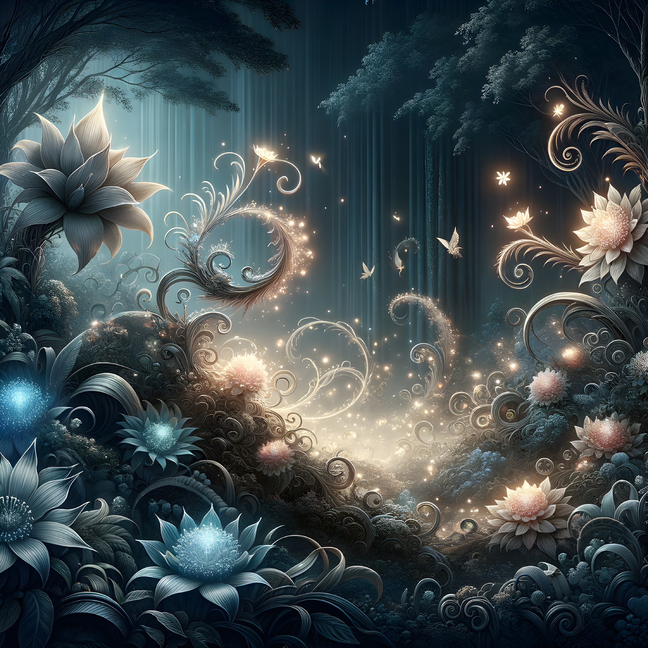 Enchanted night forest with glowing flowers and magical lights
