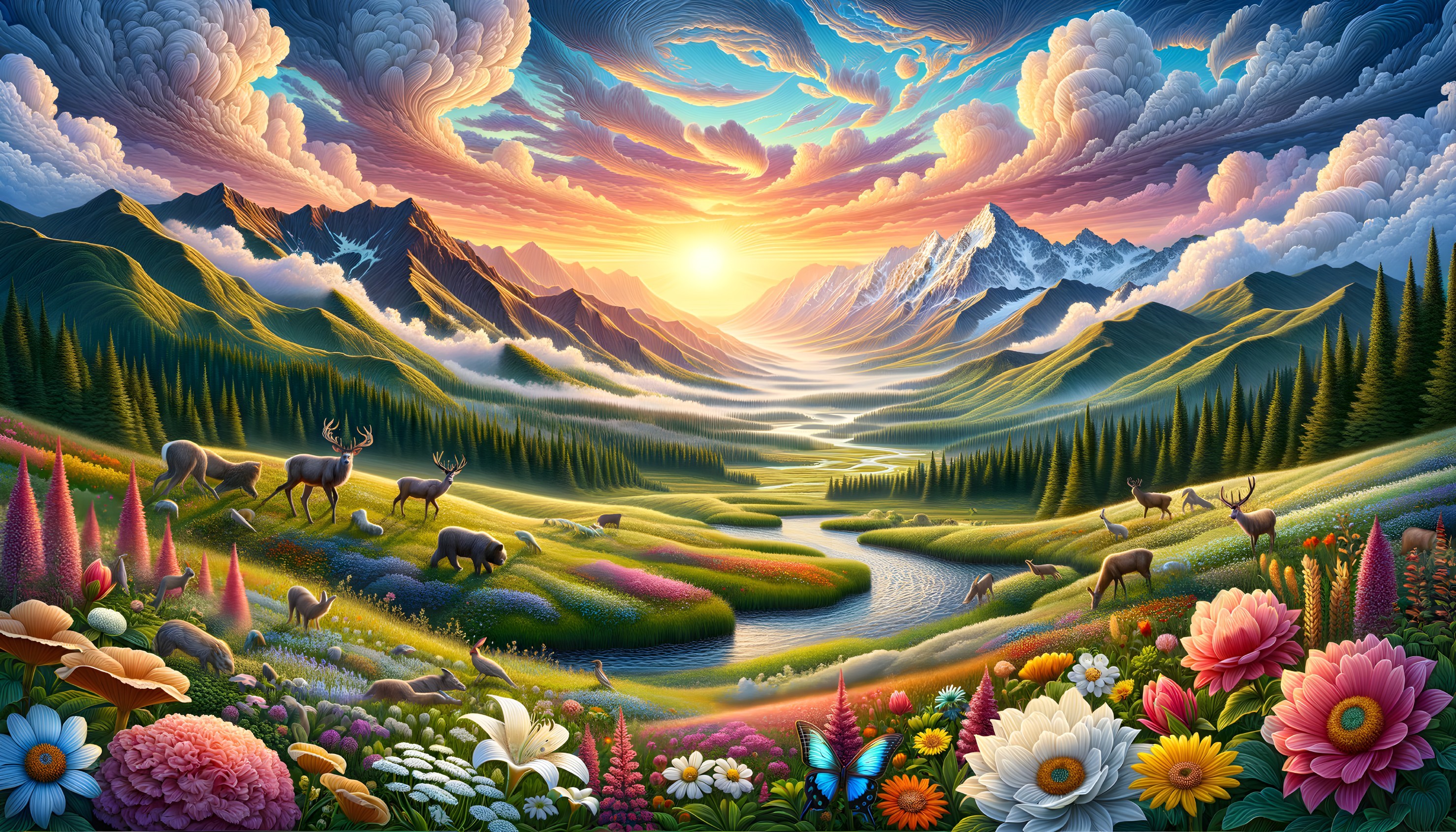 Colorful surreal landscape with winding river, lush meadows, diverse flora, wildlife, and dramatic sky