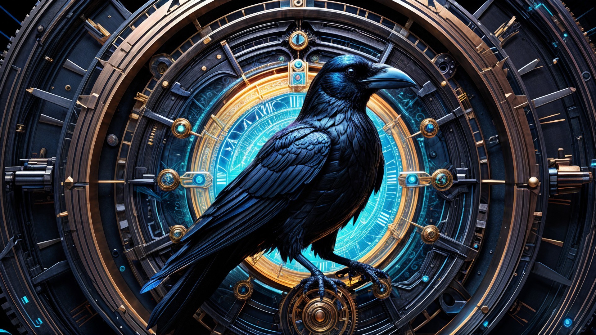 Black Raven on Gears with Blue Light and Gold Accents