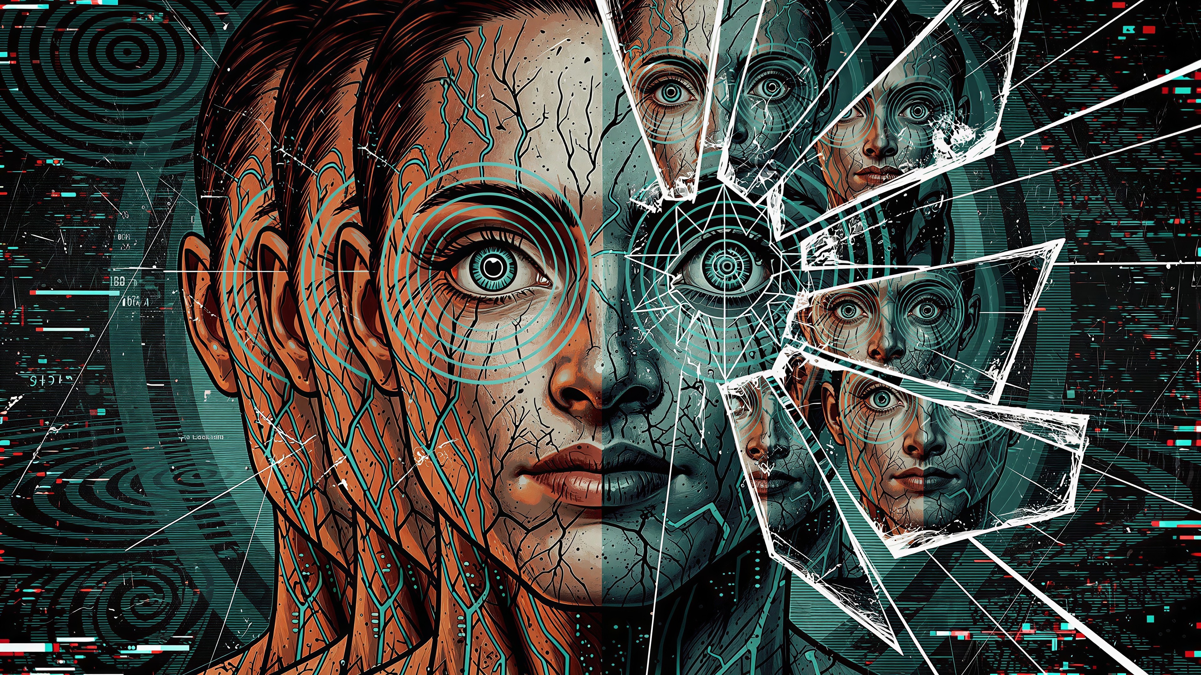 a girl's split face in dark digital illustration