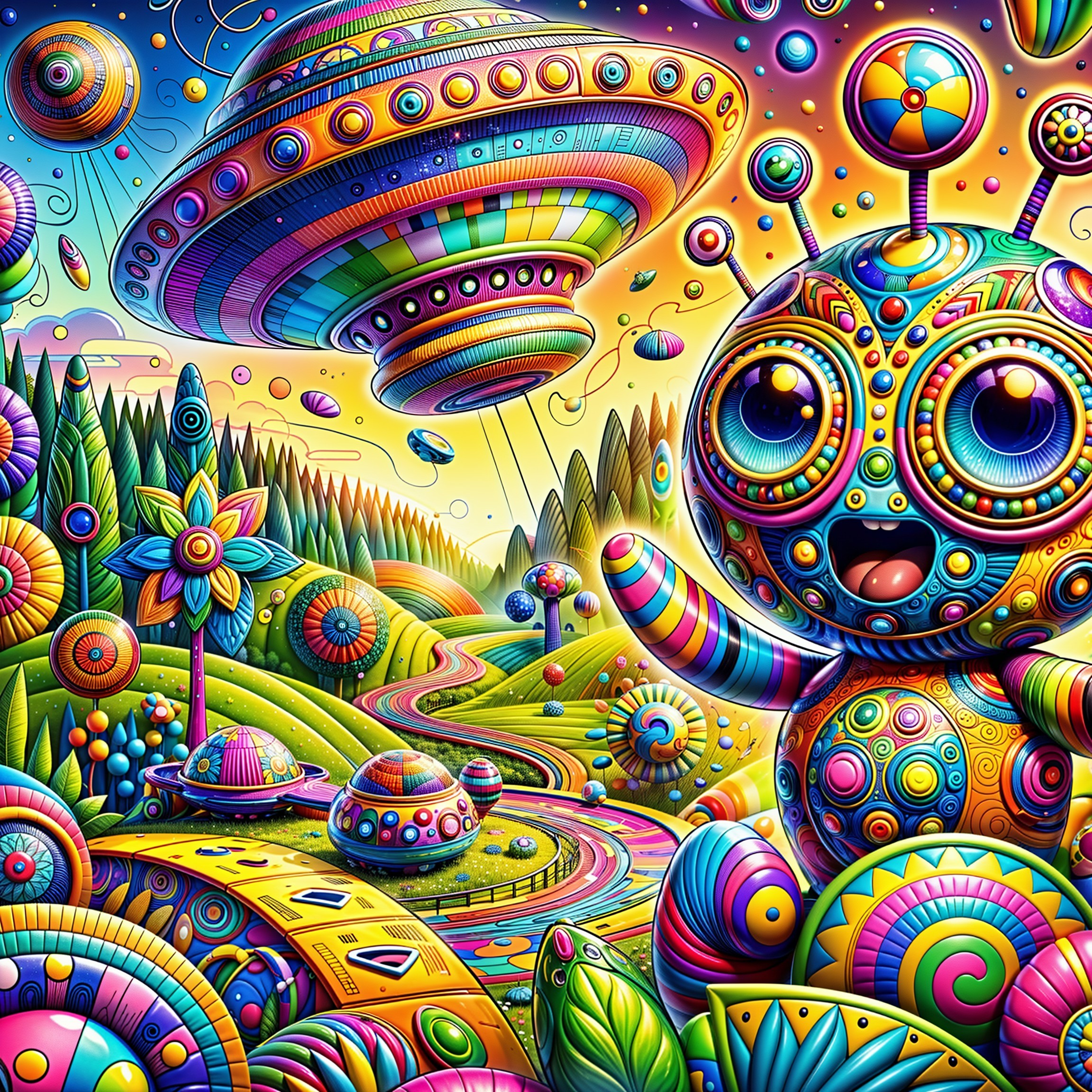 Whimsical Landscape with Colorful Characters and Robot
