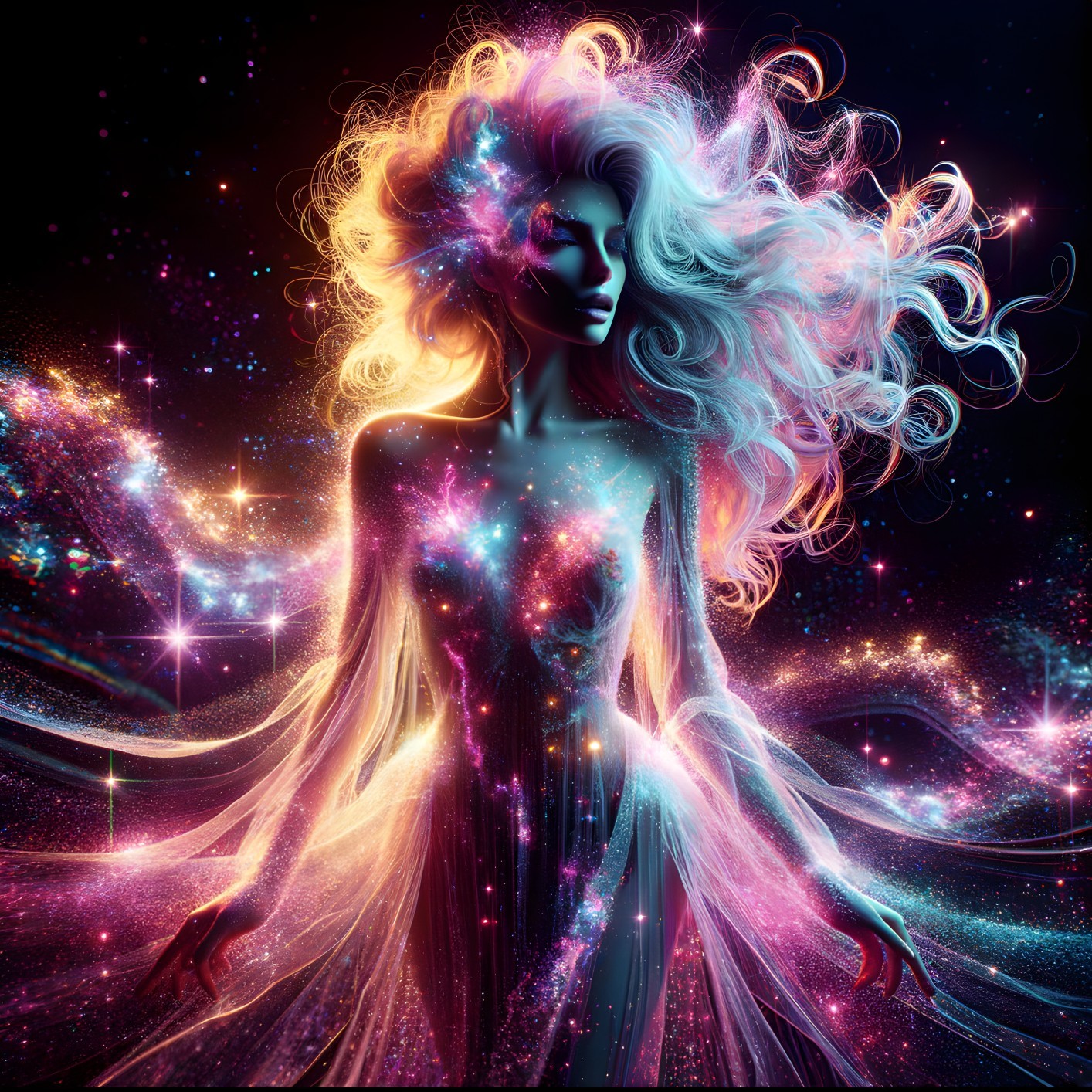 Mystical Figure in Cosmic Backdrop with Luminescent Aura