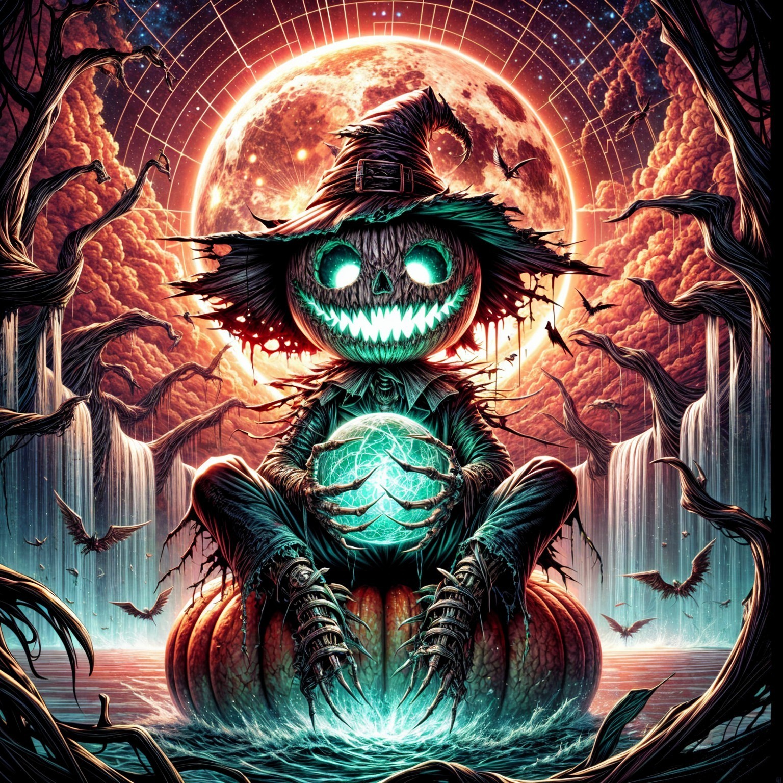 Whimsical Scarecrow on Pumpkin Under Blood-Red Moon