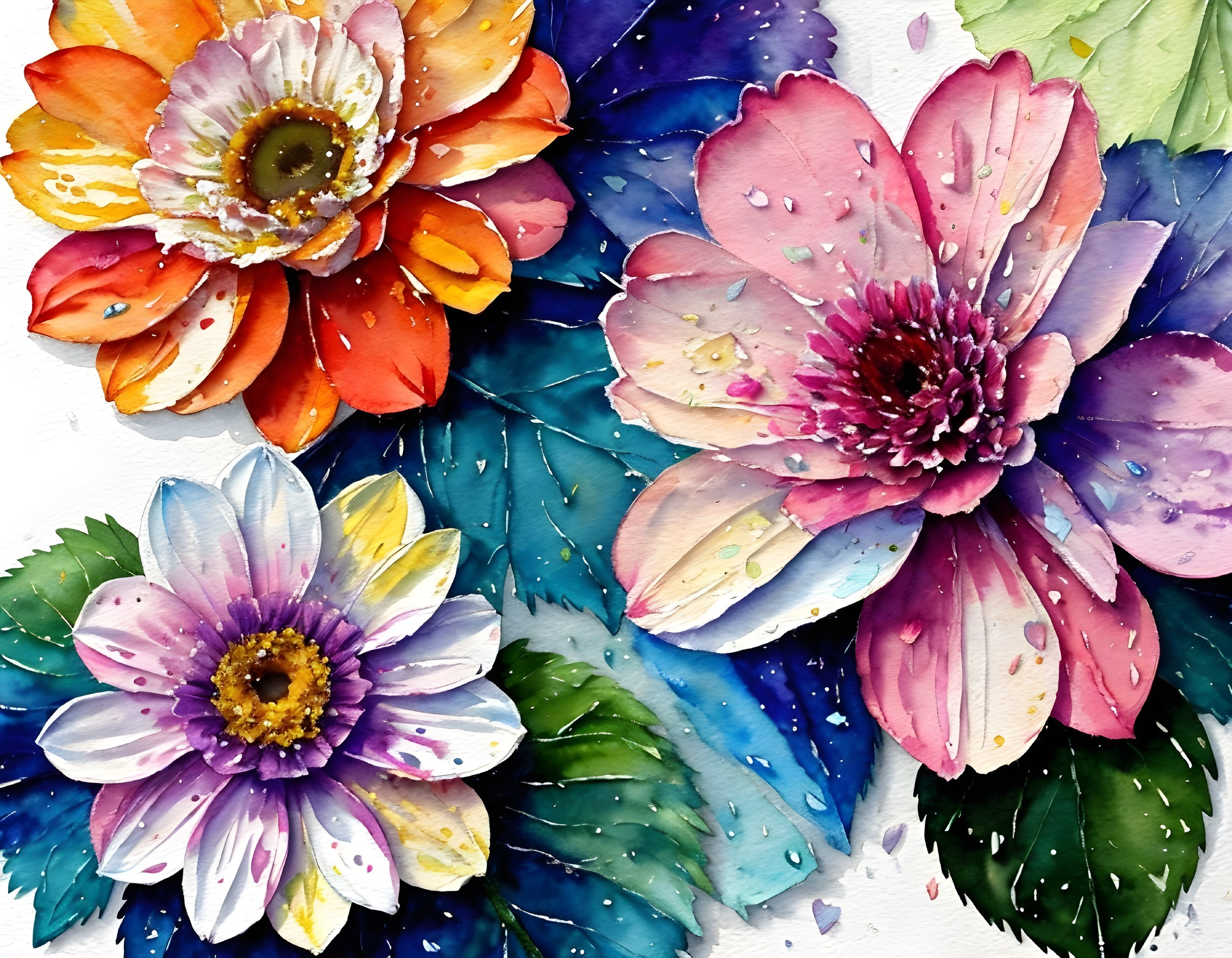 Colorful Watercolor Painting of Vibrant Flowers with Water Droplets