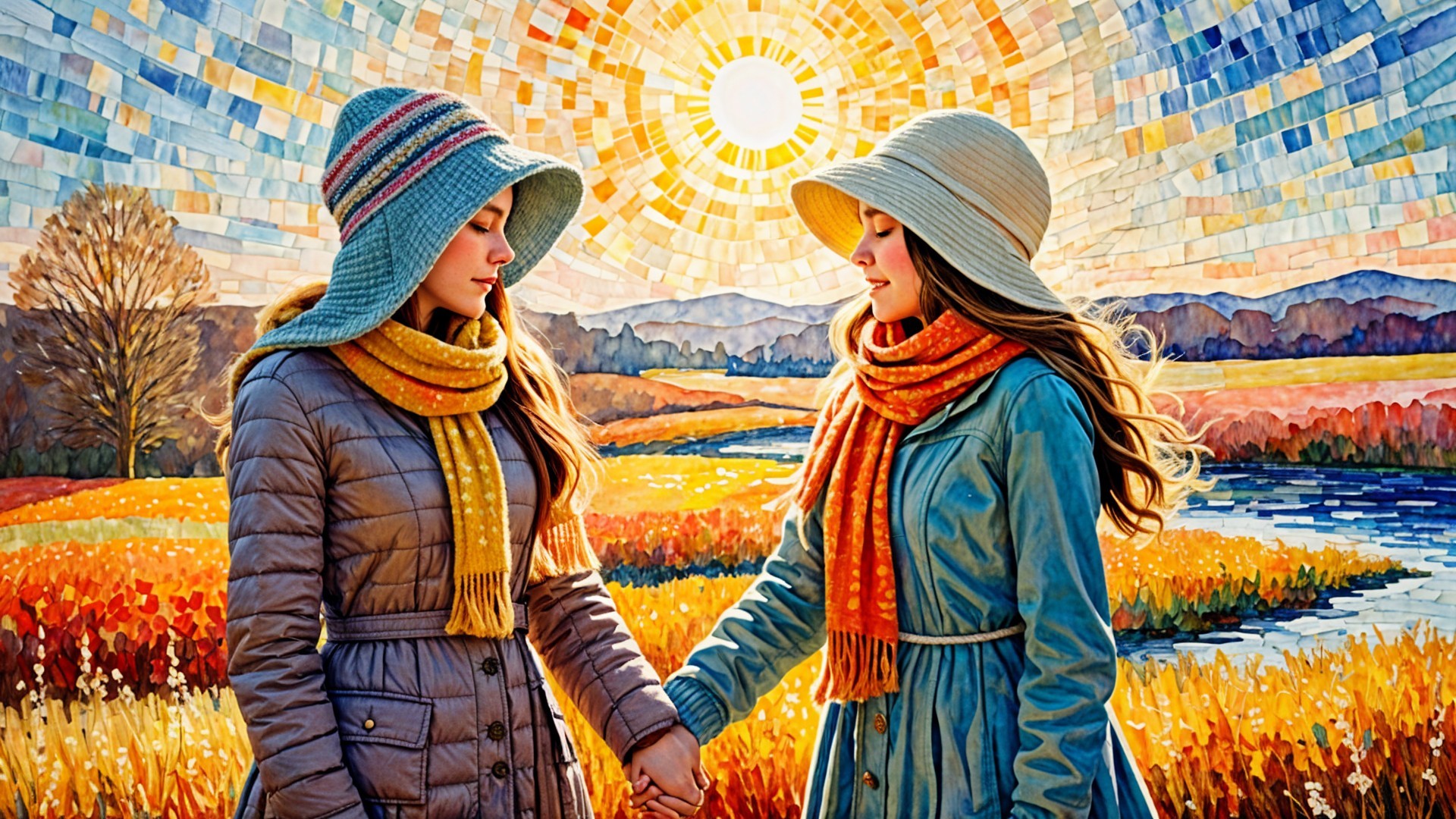Women in Colorful Attire in Vibrant Landscape Scene