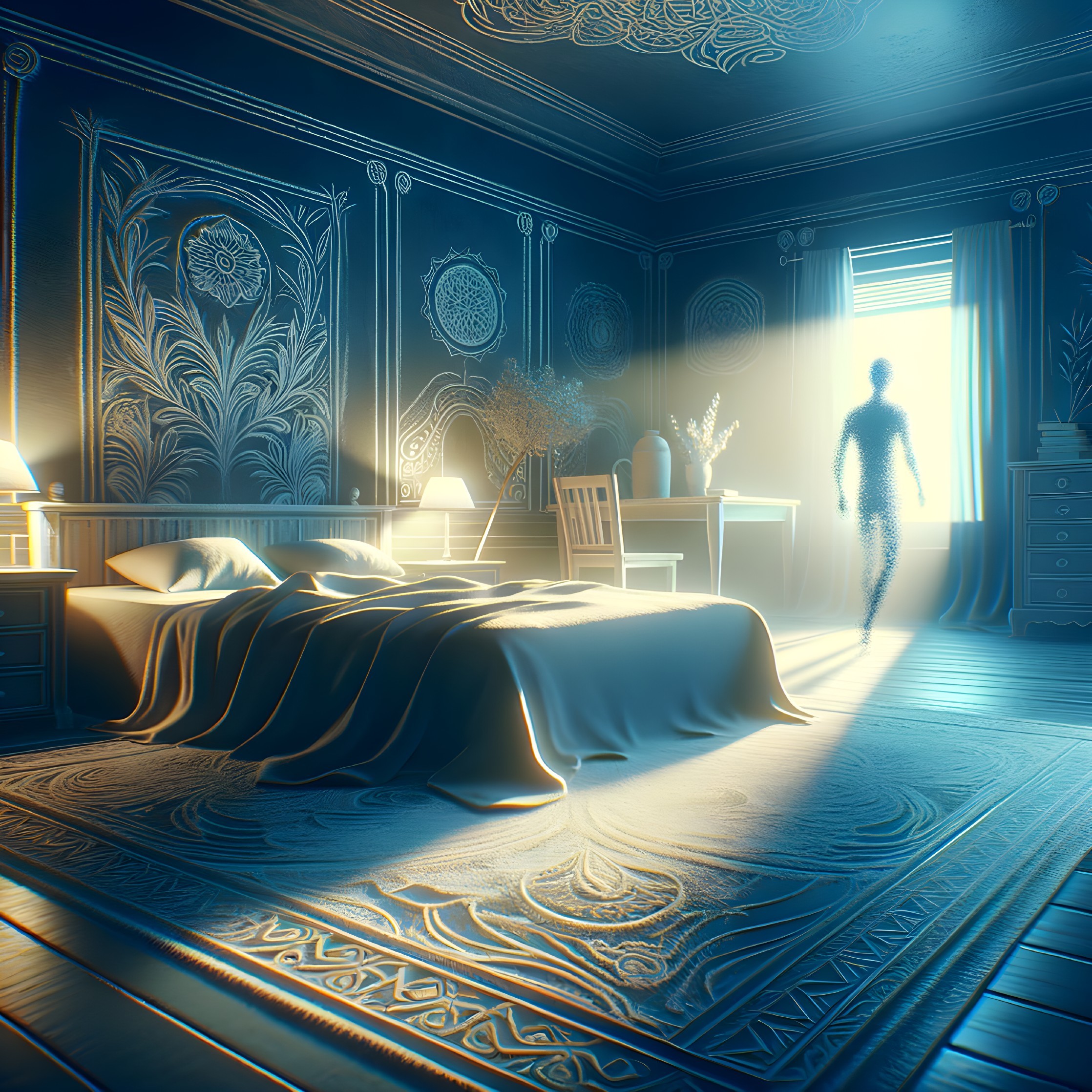 Light Particle Figure in Blue-Toned Ornate Bedroom