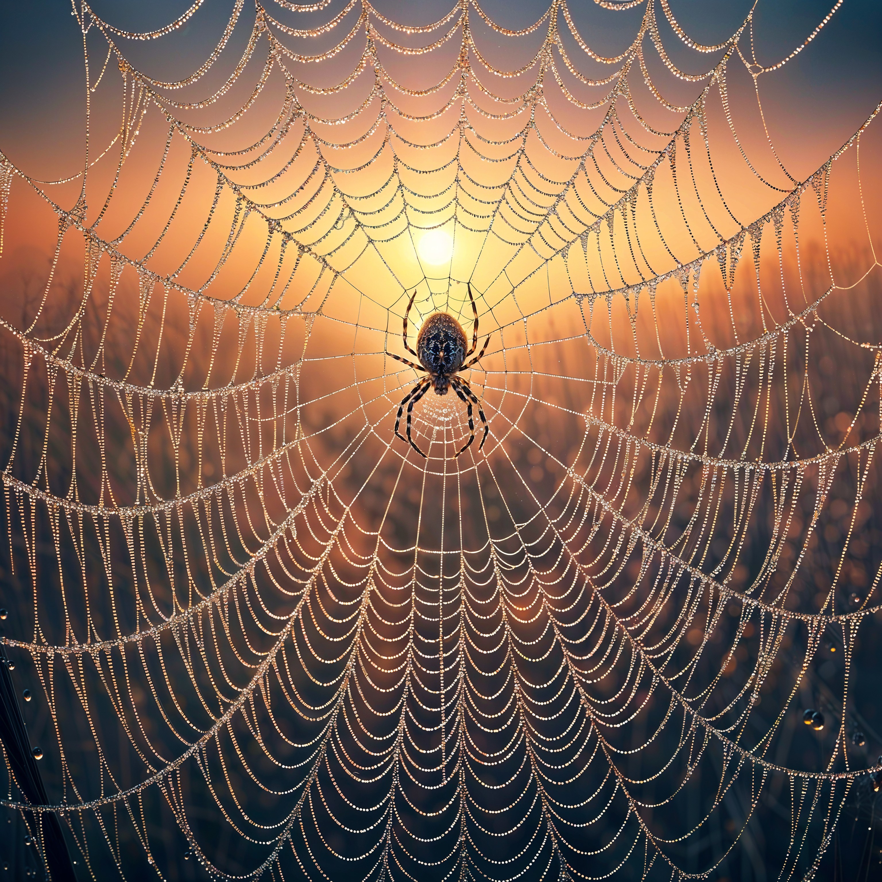 Spider on Dewy Web with Sunrise Background