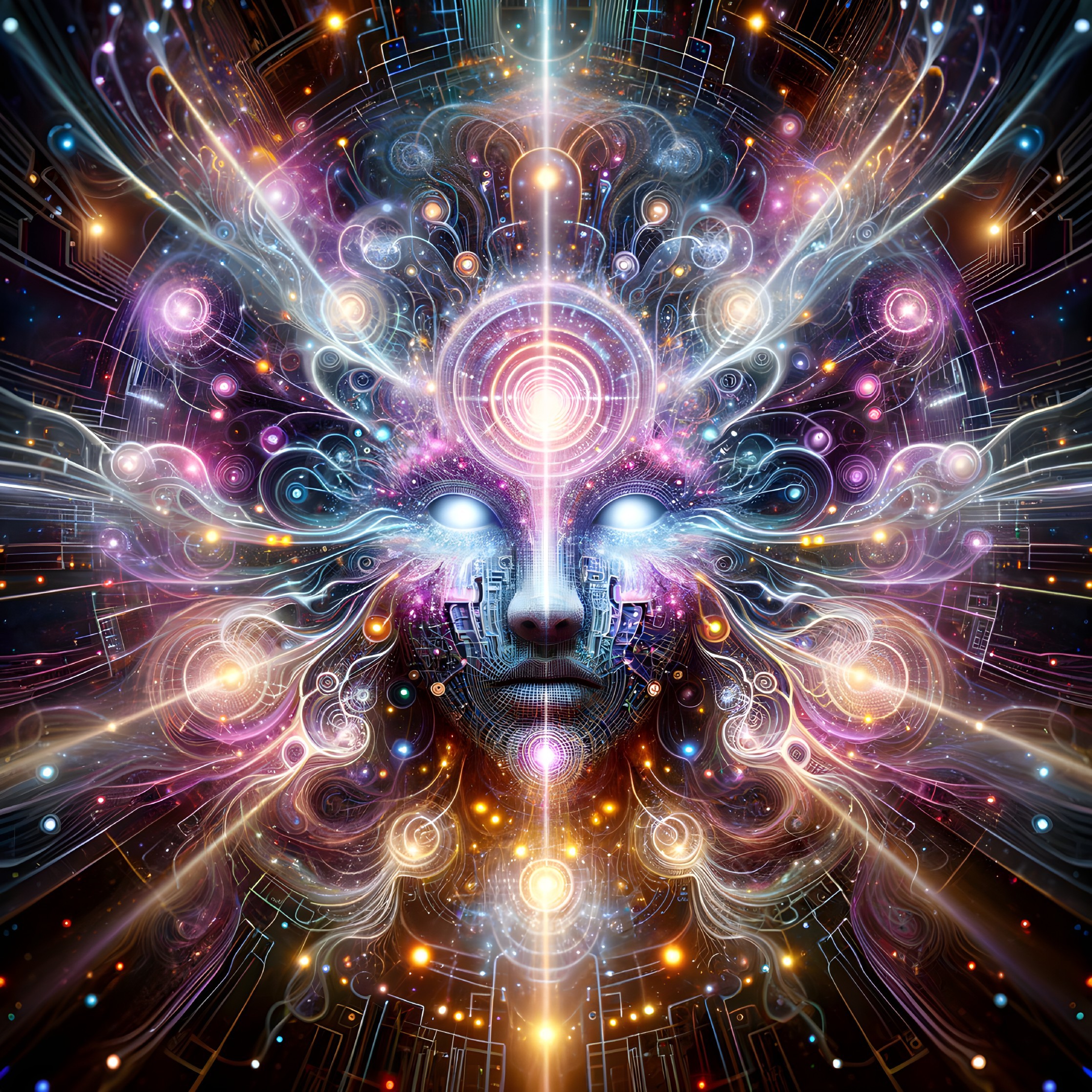 Surreal Cosmic Face with Vibrant Swirling Background