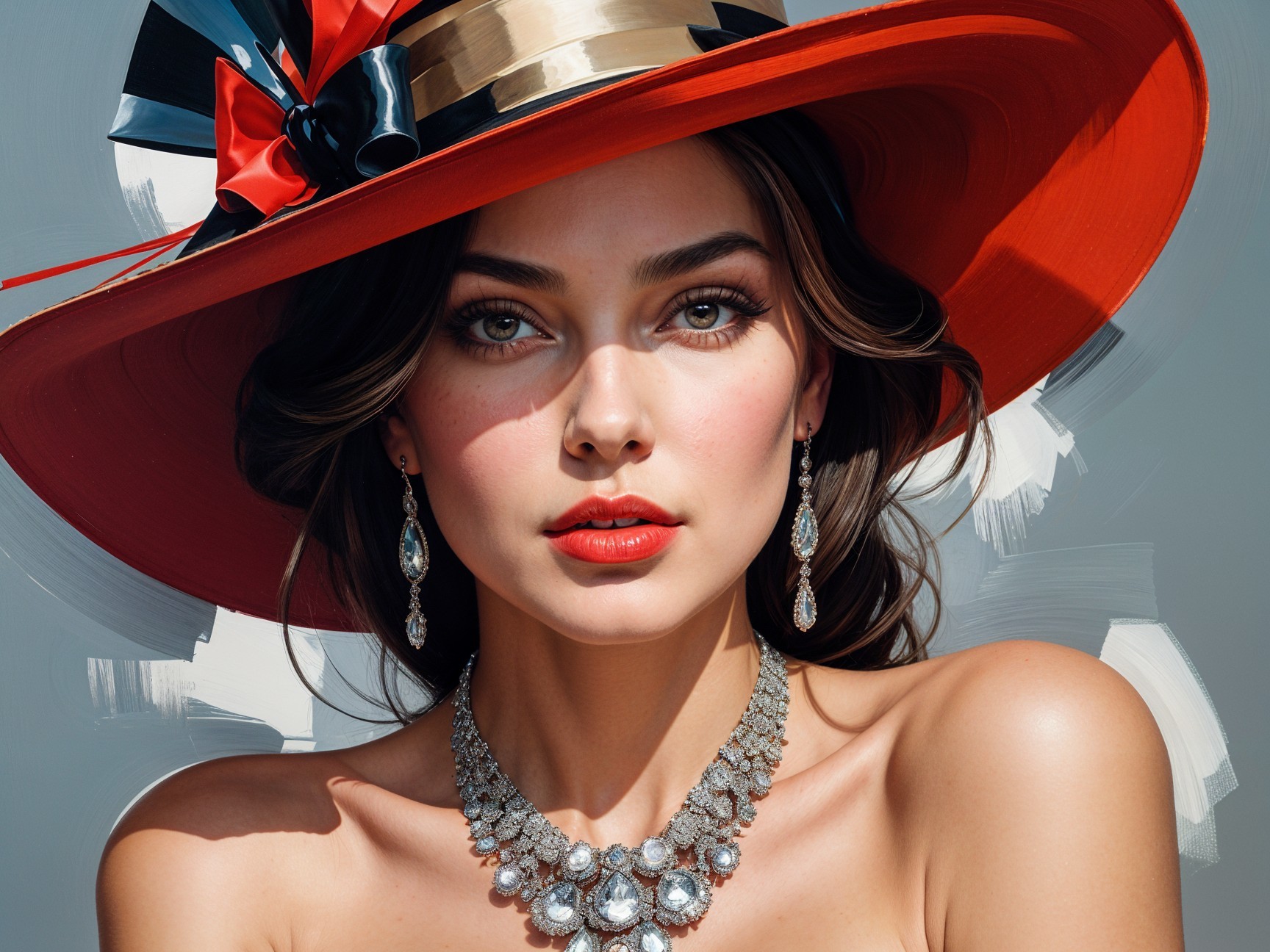 Portrait of a woman in a red hat and elegant jewelry