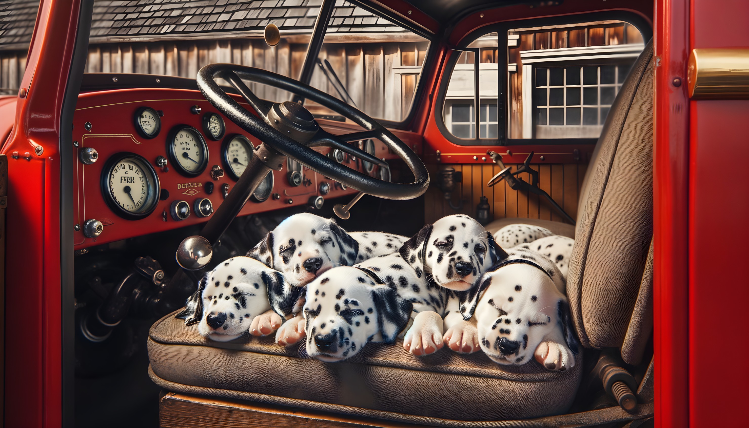 Vintage Truck Interior with Dalmatian Puppies