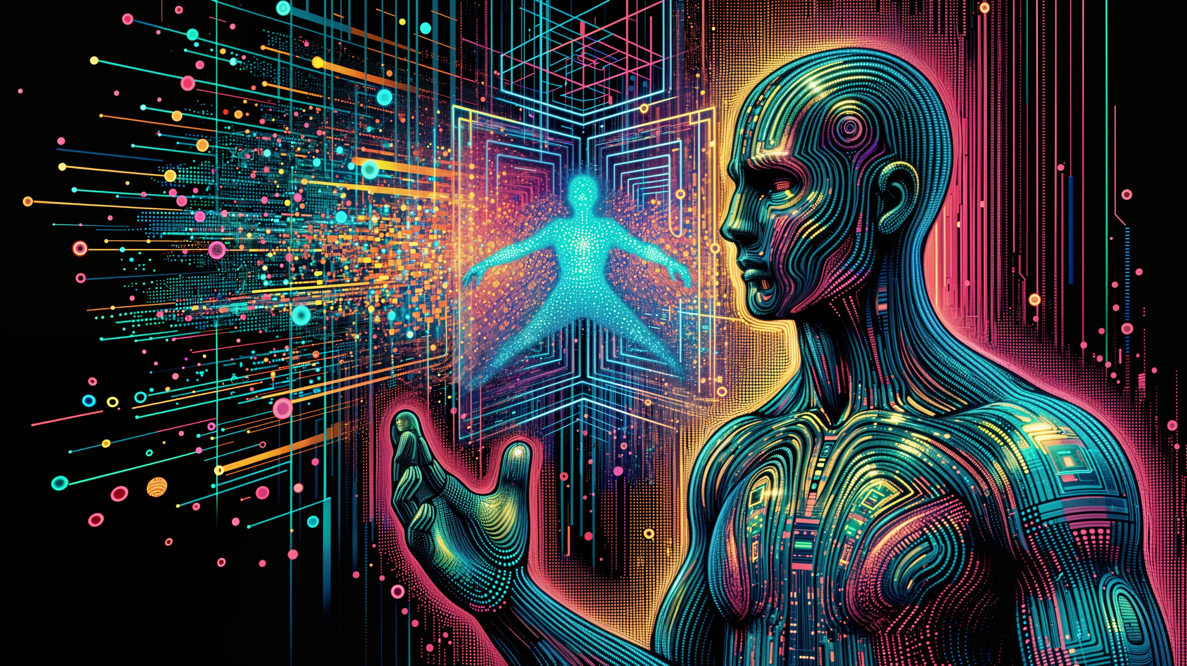 Futuristic Humanoid with Circuitry and Digital Data