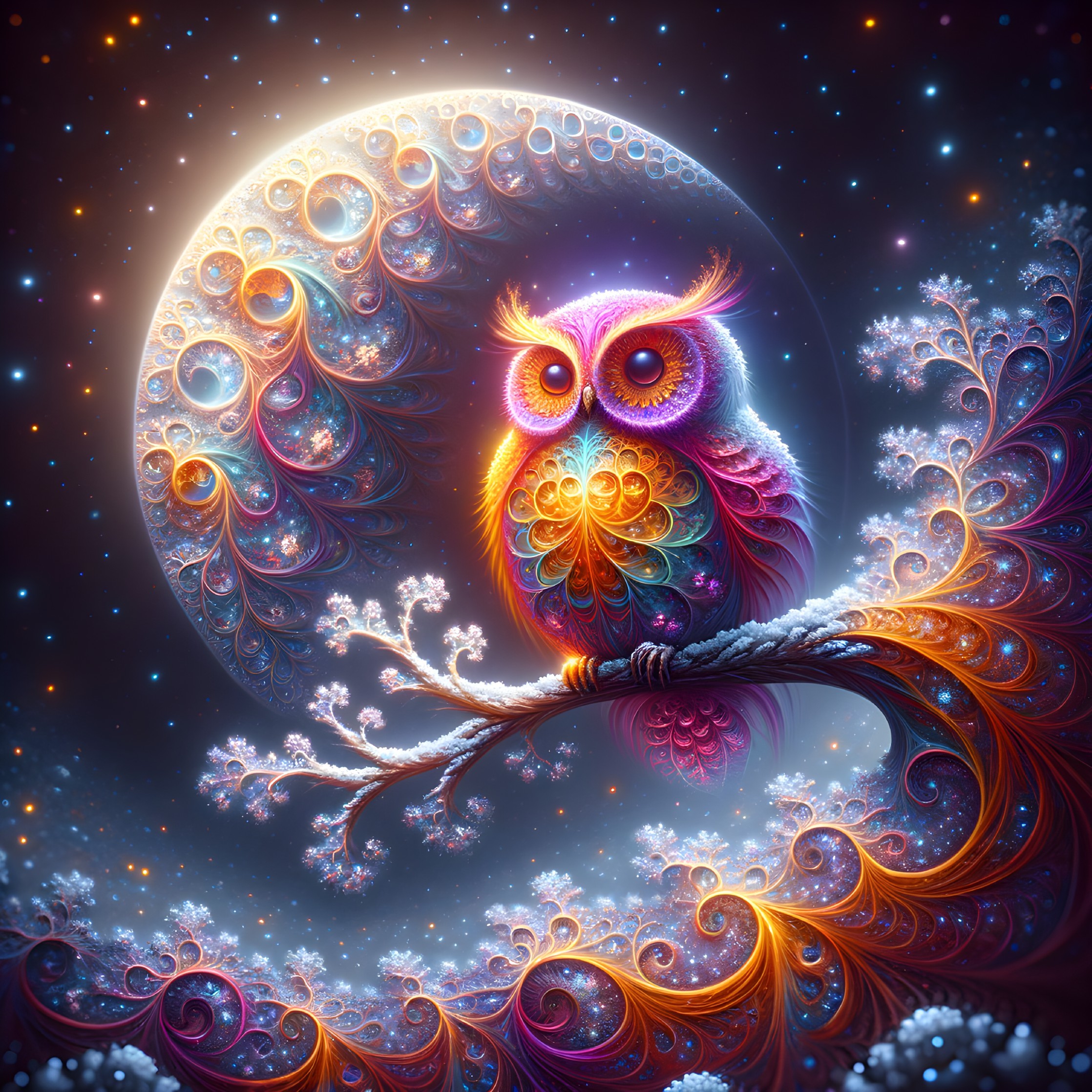 Multicolored Owl on Branch with Cosmic Moon Background
