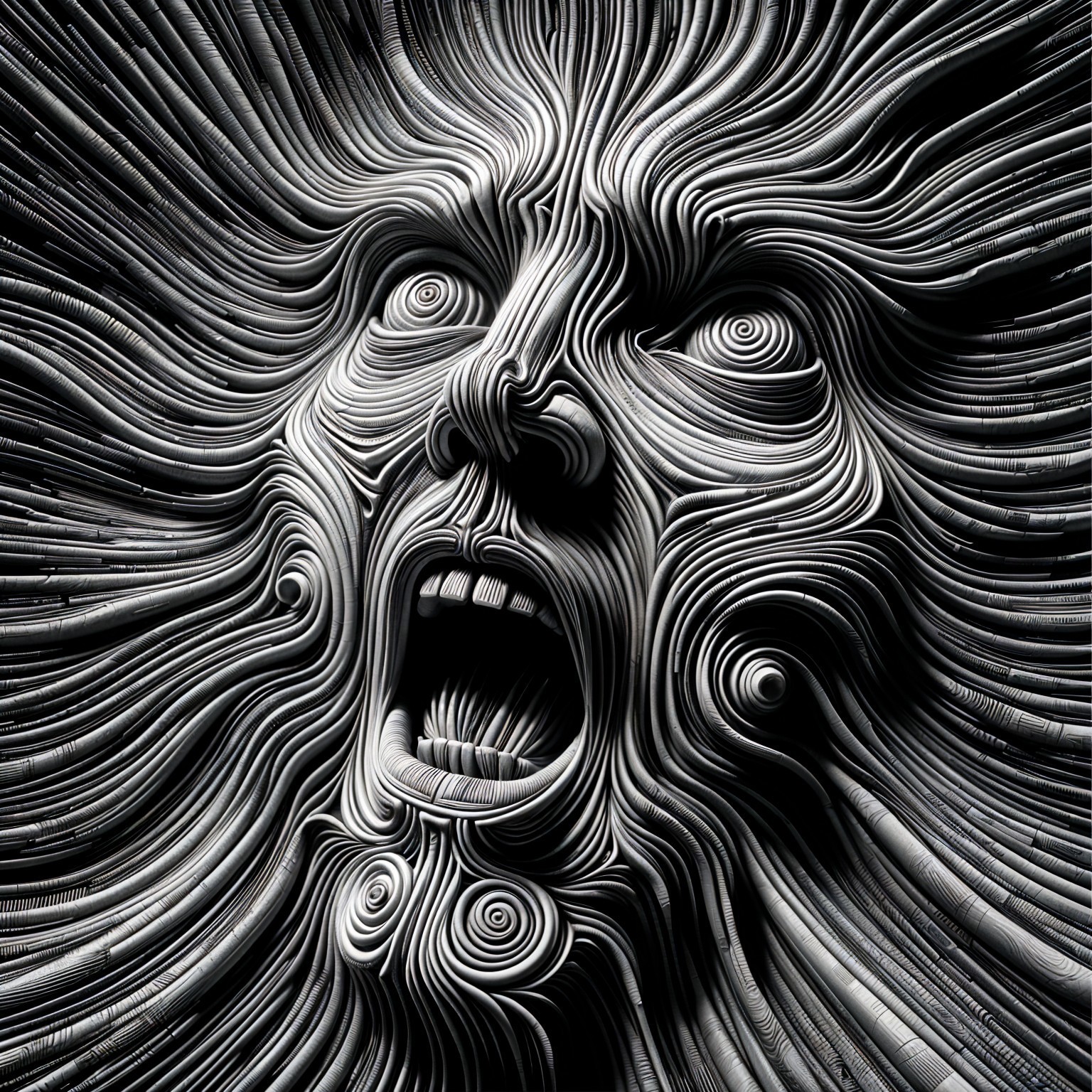 Abstract Face with Exaggerated Features in Monochrome