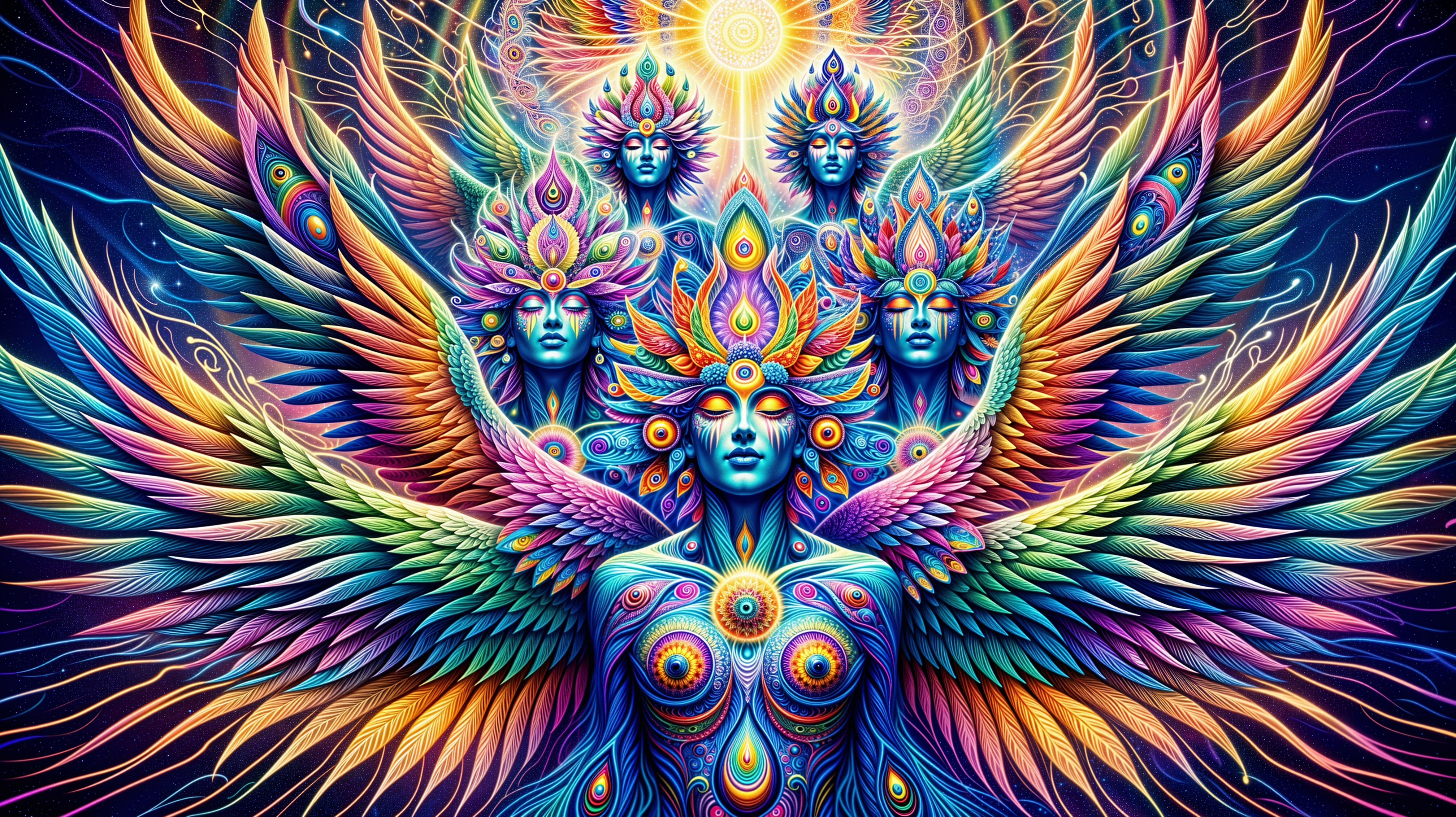 Psychedelic Illustration of Winged Beings in Cosmos