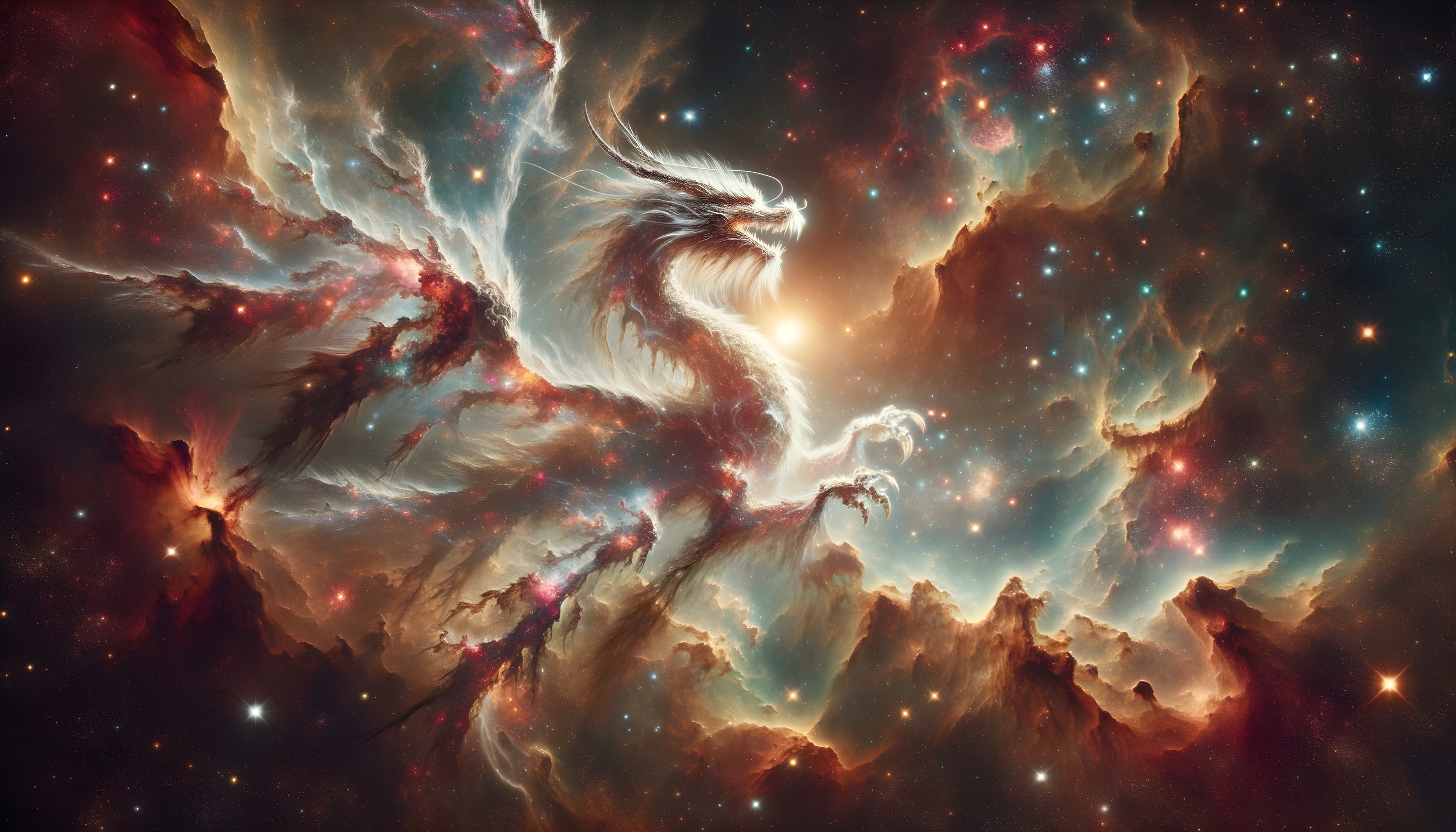 Celestial dragon with glowing eyes in vibrant cosmic landscape