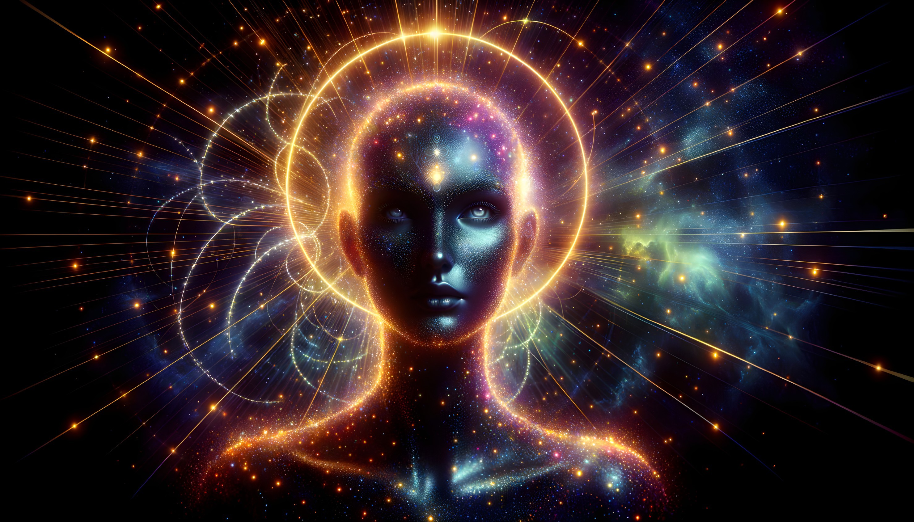 Cosmic Figure with Starry Appearance and Ethereal Aura