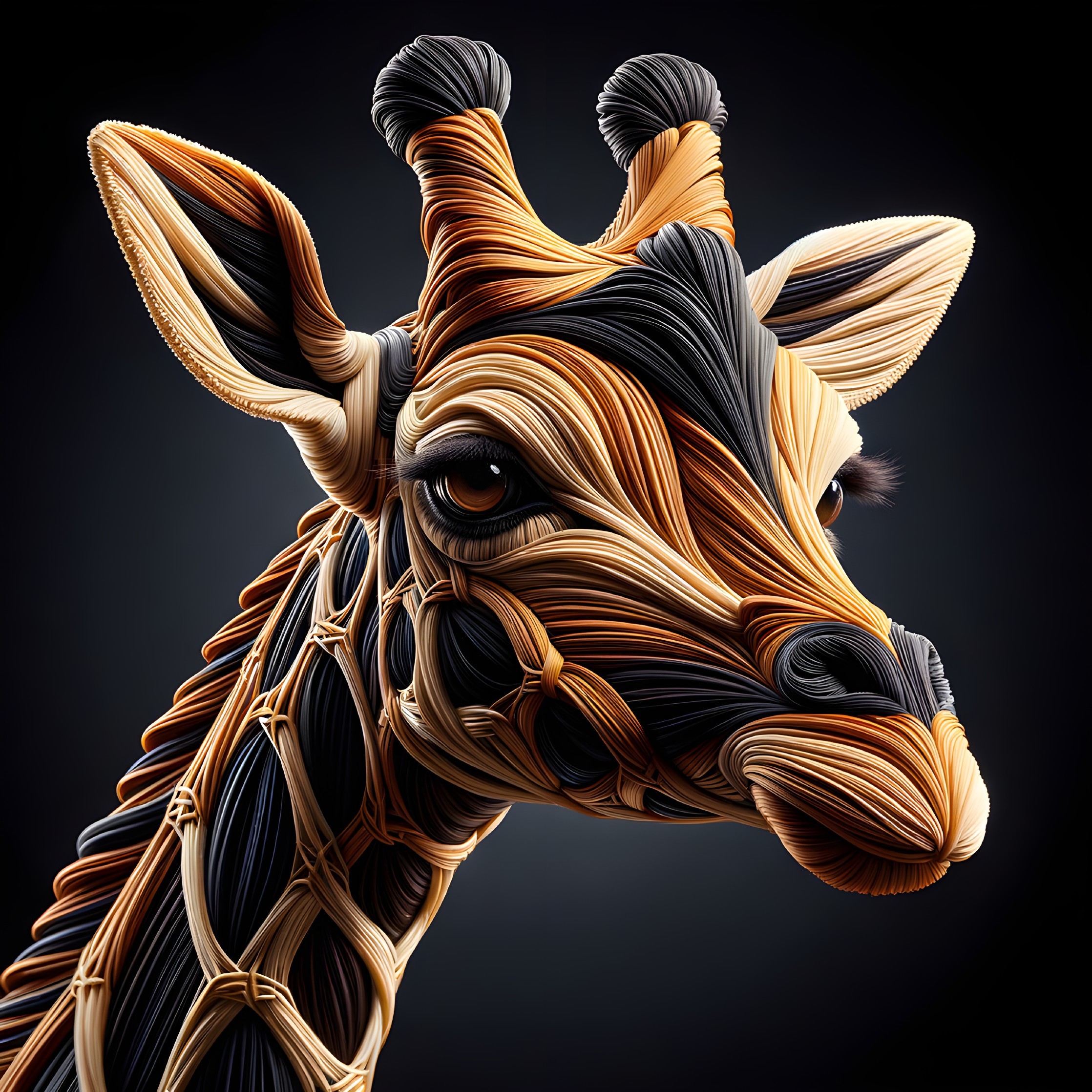 Abstract Giraffe Head Artwork with Intricate Lines on Dark Background