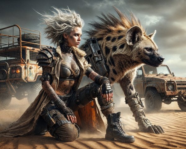 Warrior Woman and Hyena in Post-Apocalyptic Landscape