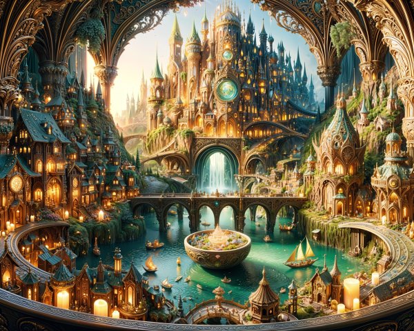 Whimsical Cityscape with Intricate Architecture and Waterfall