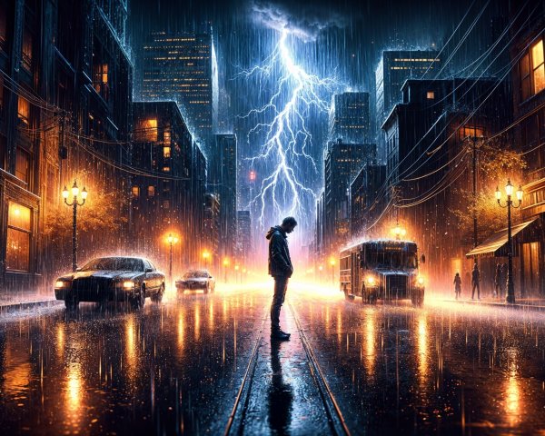 Lone Figure in Rainy Urban Night Scene