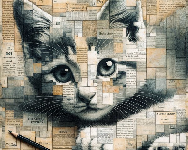 Collage Portrait of a Cat with Vintage Papers