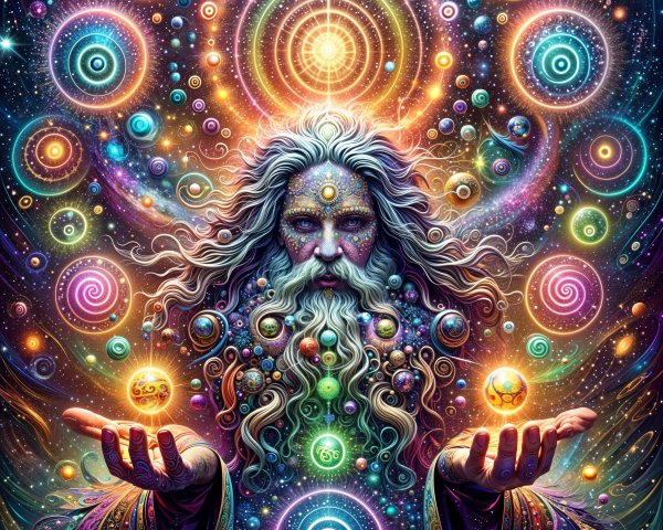 Mystical Figure with Cosmic Orbs and Vibrant Colors