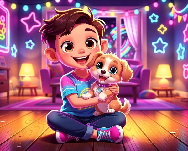 Whimsical Cartoon of Boy with Puppy in Bright Room