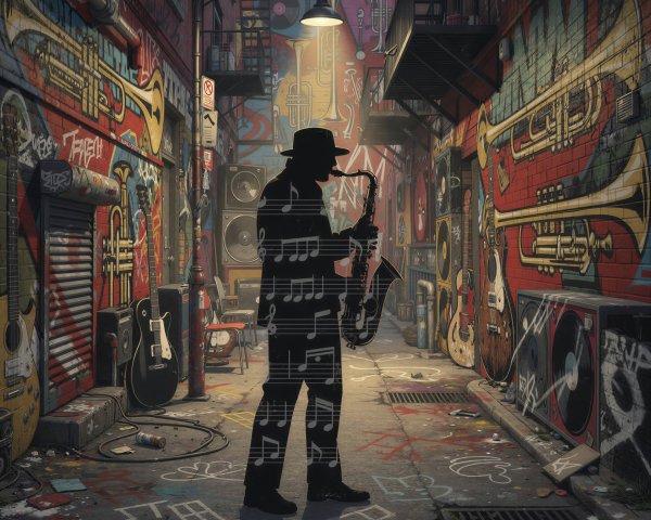 Vibrant Jazz Alley with Street Art and Musical Elements