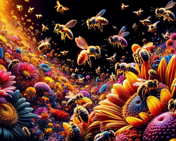 Vibrant Surreal Landscape with Colorful Flowers and Bees