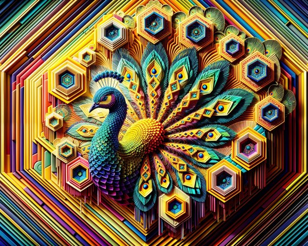 Abstract Peacock with Detailed Feather Display and Colors
