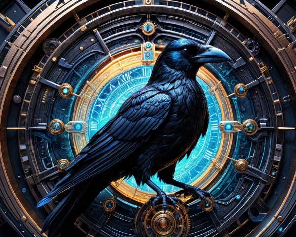 Black Raven on Gears with Blue Light and Gold Accents