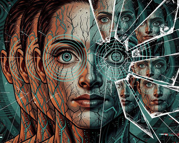 a girl's split face in dark digital illustration