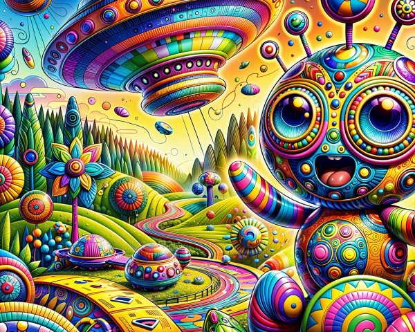 Whimsical Landscape with Colorful Characters and Robot