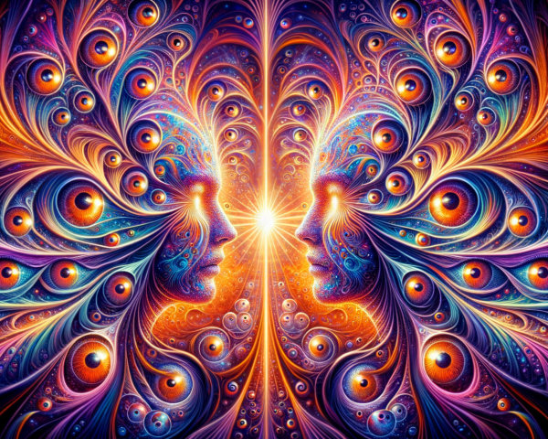 Colorful Abstract Design with Mirrored Faces and Patterns