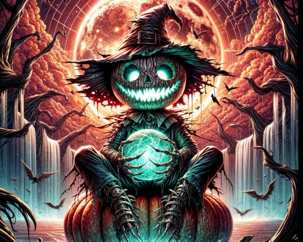 Whimsical Scarecrow on Pumpkin Under Blood-Red Moon