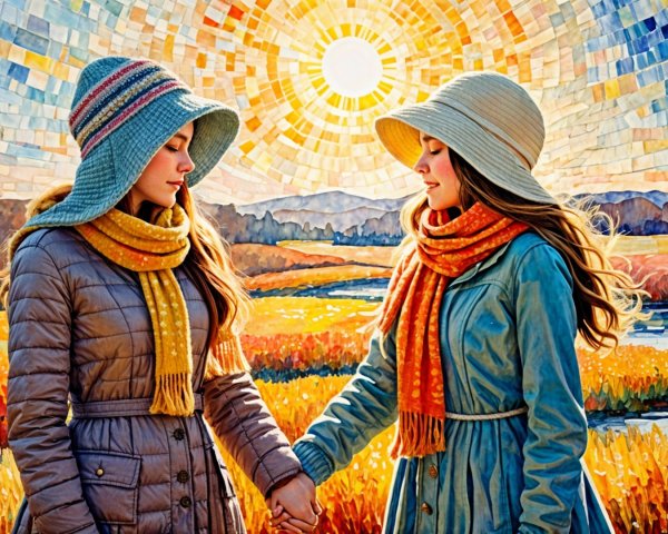 Women in Colorful Attire in Vibrant Landscape Scene