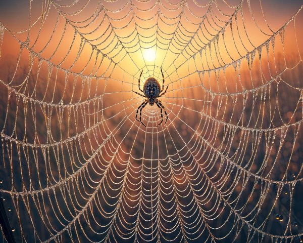 Spider on Dewy Web with Sunrise Background