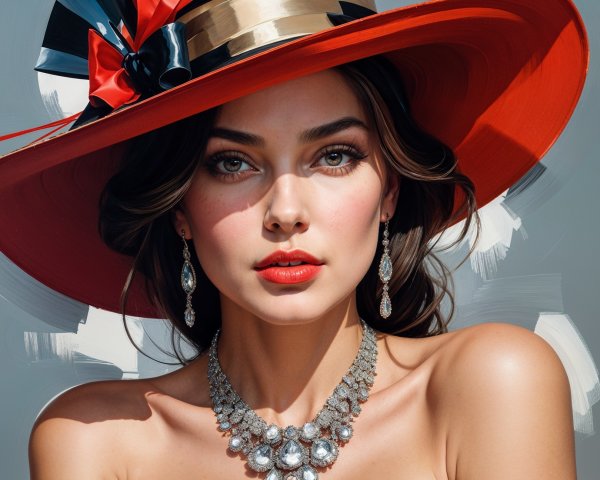 Portrait of a woman in a red hat and elegant jewelry